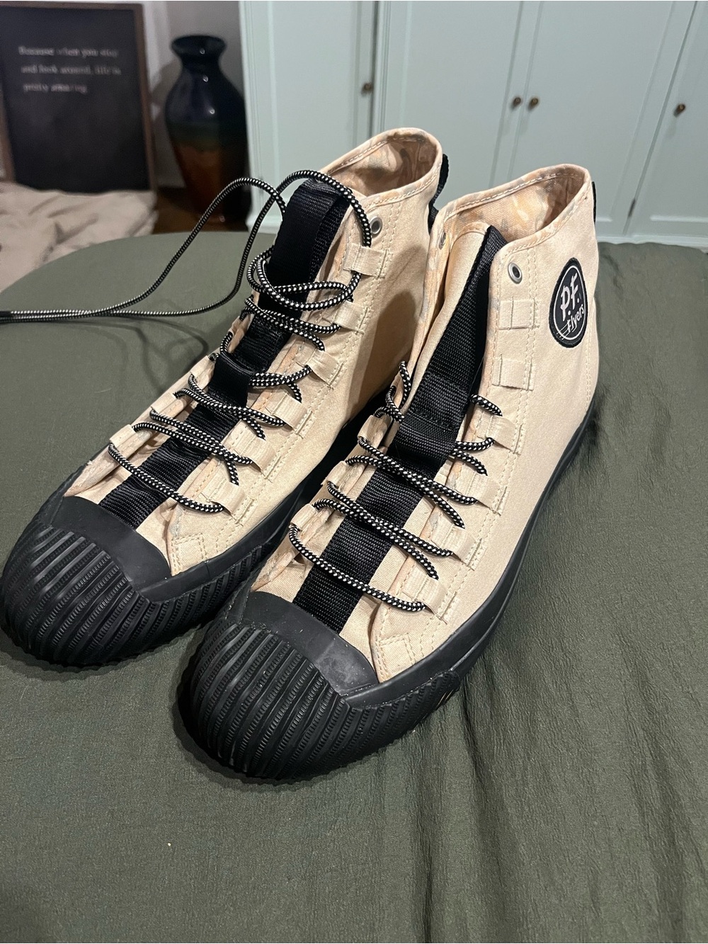 P.F. Flyers Tan Canvas High-Top Sneakers with Black Trim